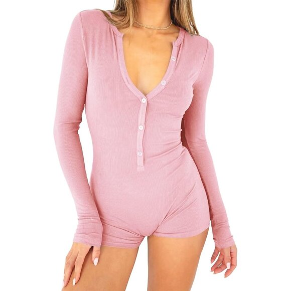 Women's Pink One Piece Button Down Jumpsuit V Neck Romper Long Sleeve Bodysuit - Picture 1 of 5